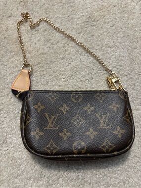 Monogram Mini Bag in Brown with Gold Chain and Tan Trim